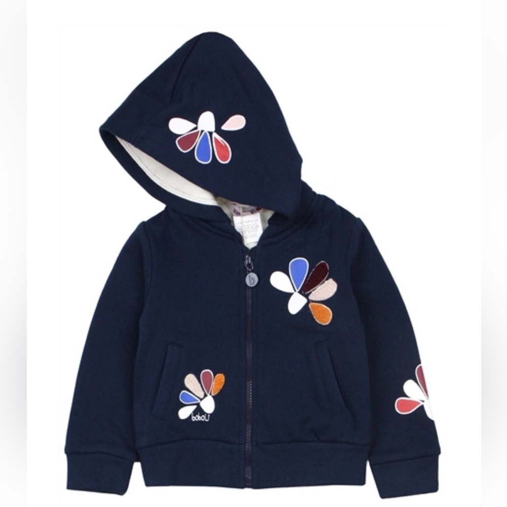 BOBOLI Little Girls Fleece Jacket Sweater with Removable Hood Floral Print